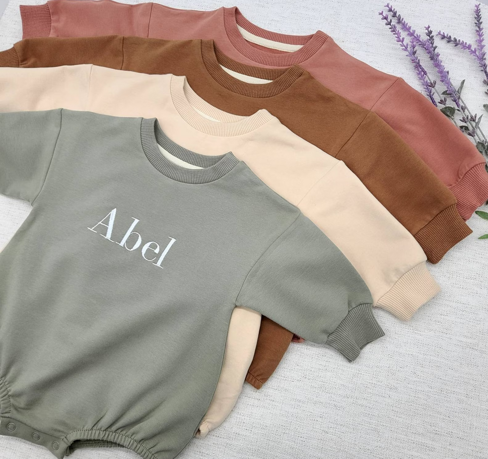 Baby Clothing Neutral - Personalized Sweatshirt Romper - Neutral Embroidered